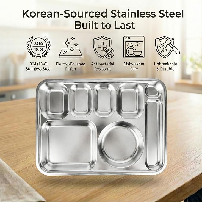 Korean Stainless Steel XL Divided Plates with Cutlery Slot for Adults 2Pack | Extra large BPA-free 8-compartment tray for camping Premium 304 electro-polished stainless steel with no black residue