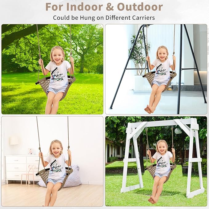 Hi-Na Tree Swing for Kids, Adjustable Toddler Rope Swing Seat with Snap Hooks and Straps, 440 lbs Capacity, Swingset Accessories for Indoor Porch Doorway Outdoor Playground Backyard (Khaki)