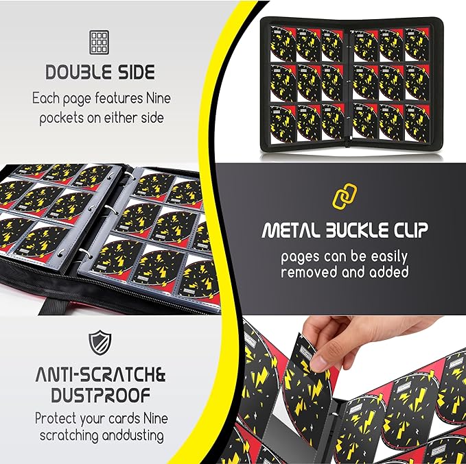 Trading Card Binder 9 Pocket,900 Pocket Card Collection Binder with 50 Removable Sleeves,PU Waterproof Top Card Book,3-Ring Zipper Collectible Trading Card Album for MTG/TCG/Card Holder Gift（Black）