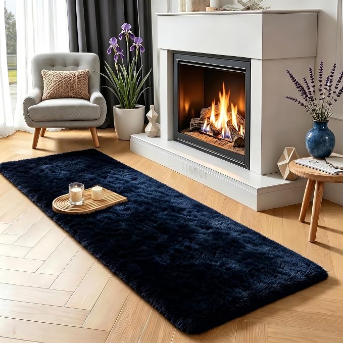 PAGISOFE Navy Blue Runner Rug 2x6, Fluffy Dark Blue Rugs for Boys Room Super Soft Bedside Rugs, Modern Plush Carpets for Living Room Kids Boys Girls Teen Dorm Nursery Room Decor Aesthetic Non-Slip