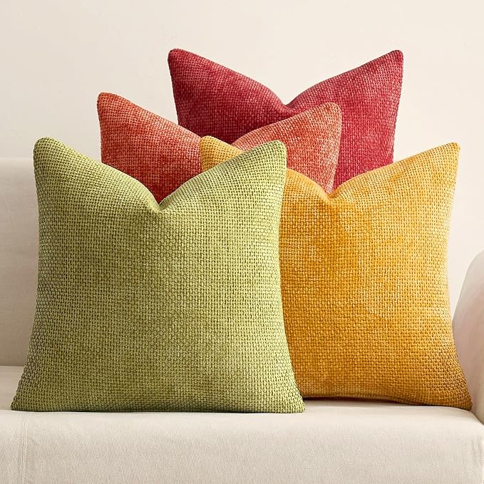 MIULEE Soft Decorative Chenille Fall Pillow Covers Rust Yellow Green 18x18 | Pack of 4, Rustic Decor, Autumn Harvest Set, Couch Throw Pillows, Farmhouse Boho Cushion Covers for Sofa Bed Living Room