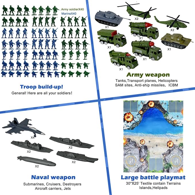Army Men Playset - Large Set Including Army Men Action Figures, Battle Mat, Army and Navy Weapon Gear Accessories, Military Combat Toys, Army Toys for Boys Age 4-12