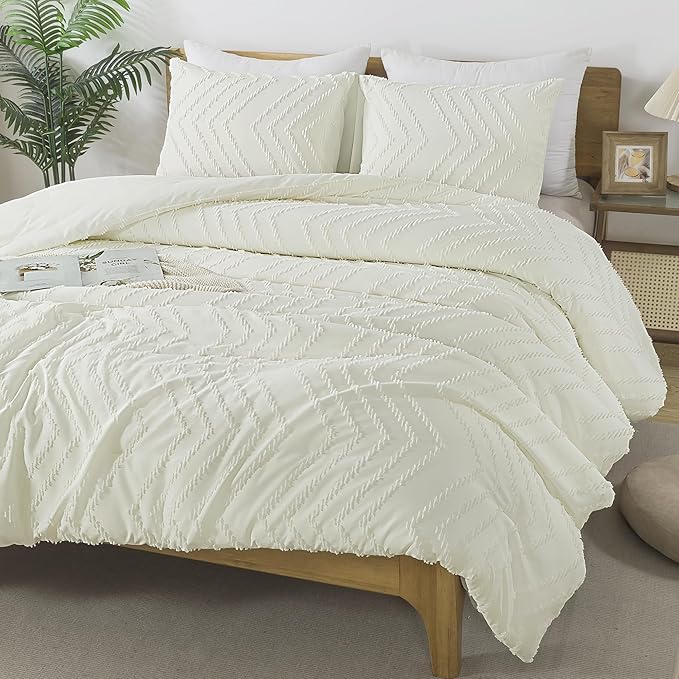 Andency Ivory Oversized Super King Comforter Set, Boho Soft Warm Tufted Neutral Bedding Comforter Sets, 3 Pieces Aesthetic Chevron Farmhouse Cute Bohemian Textured Bedding Set