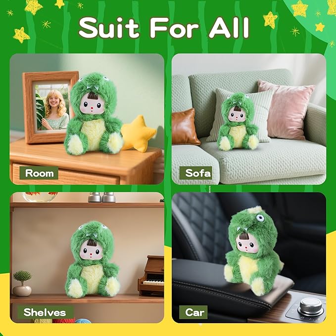 Plush Figure Toys, Plush Toys with Vinyl Face Green Dinasour Shaped for Girls Boys Kids Lovers, Kawaii Cute Vinyl Figurines Doll Stuffed Animals Gifts for Collectibles Home Decor Birthday Christmas