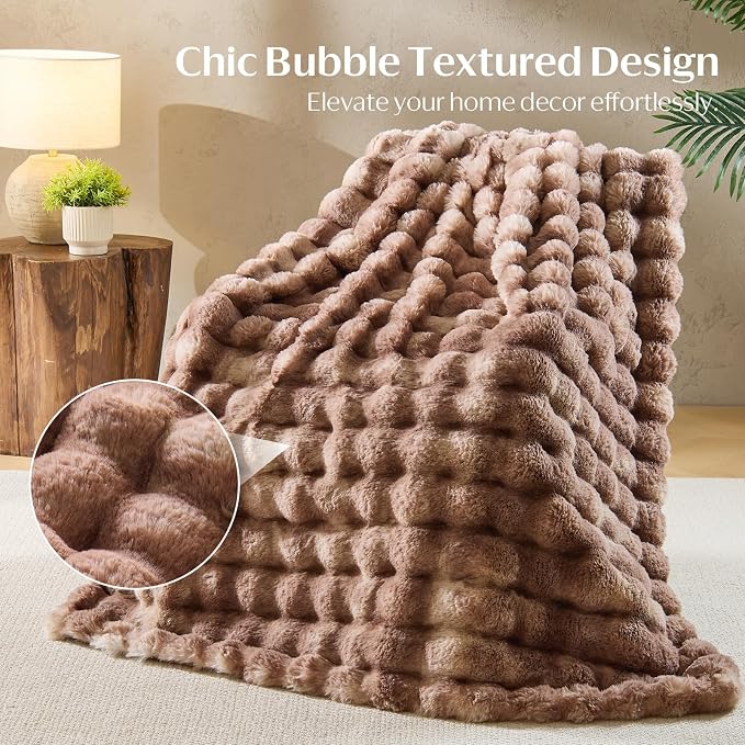 DOWNCOOL Faux Rabbit Fur Throw Blanket, Soft Fluffy Fuzzy Plush Bubble Blanket for Couch Sofa & Bed, Cozy Warm Luxury Fleece Minky Blanket, 60x80 Inches Tie-dye Brown