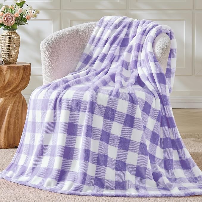 BEDELITE Plaid Fleece Throw Blanket, Purple & White Buffalo 60x80 Inches | 100% Polyester Microfibe, Soft Cozy, Lightweight Warm, Classic Buffalo Plaid, Room Decor, Gift for Women Girls, for Couch Bed