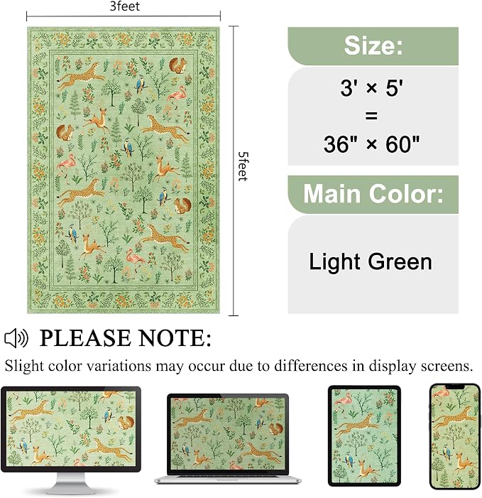 DUKINO 3x5 Rug, Washable Animal Area Rug for Bedroom Non Slip, Light Green | Low Pile, Stain Resistant, Soft Indoor Carpet for Living Room, Kitchen, Dining Room, Nursery, Lightweight, Pet Friendly