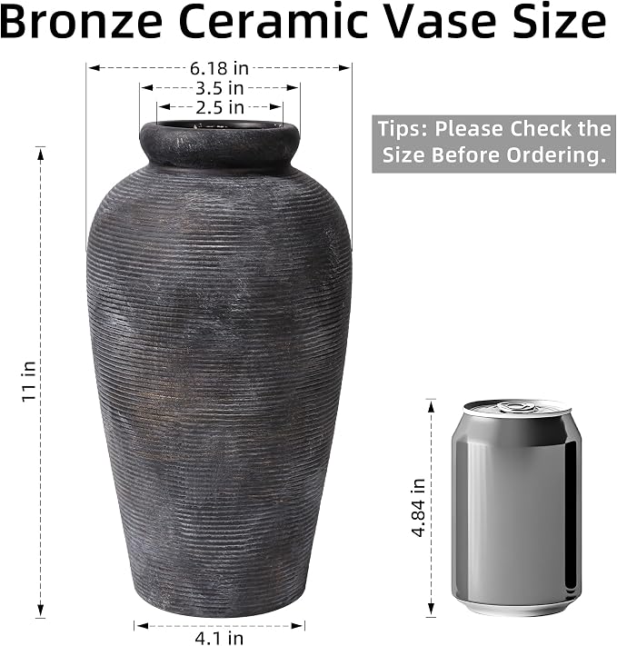 Starttag Large Ceramic Rustic Vase, 11 inch Farmhouse Flowers Tall Vase Vintage Texture Pottery Floor for Indoor Table, Centerpieces, Living Room Home Decor, Bronze