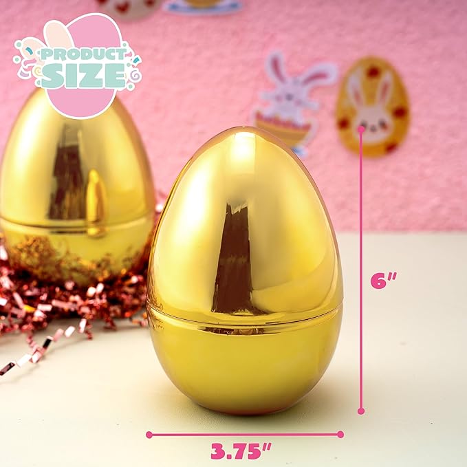 JOYIN 6 Pcs Large Gold Easter Eggs, 6 Inches Metallic Jumbo Plastic Eggs Fillable for Easter Themed Hunt Basket Stuffers Fillers Filling Treats Party Favor Classroom Prize Supplies