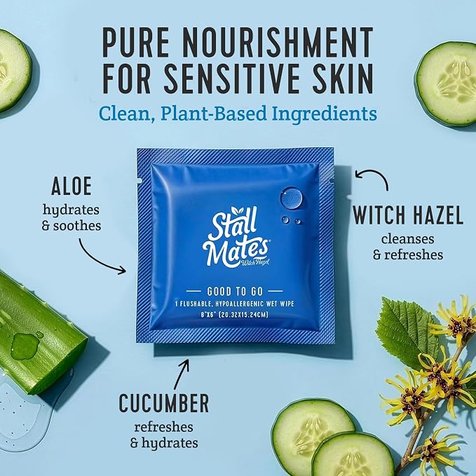 Stall Mates Witch Hazel: Flushable Wipes, Individually Wrapped, Travel Friendly, Soothing Witch Hazel, Unscented with Cucumber, Aloe and Chamomile, (30 on-the-go singles)