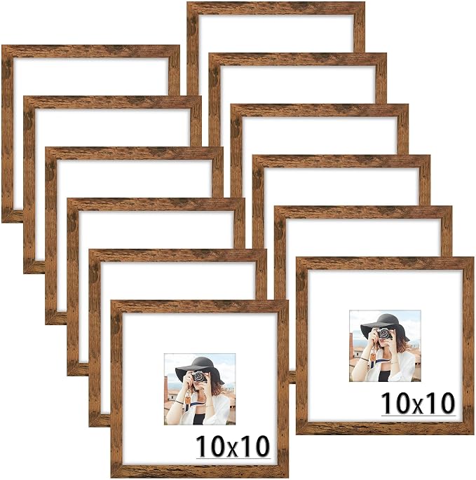 Picrit 10x10 Picture Frame Set of 12, Display 5x5 with Mat or 10x10 without Mat, Photo Frames for Wall Mounting Display, Brown