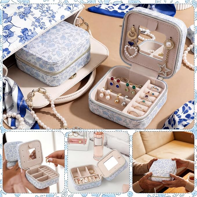 Blue Floral Travel Jewelry Case Quilted Small Jewelry Organizers and Storage Box Gifts with Mirror for Women Girls to Organize Rings, Necklaces Earrings Bracelet Little Accessories Holder