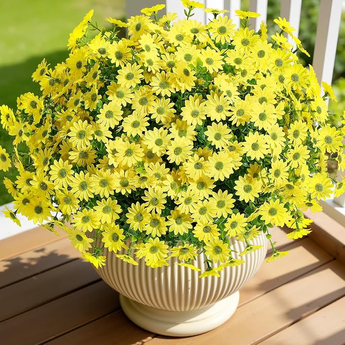 Alupssuc 40 Bundles Artificial Daisies Flowers Fake Silk Plant for Indoor Outdoor Decor, UV Resistant No Fade Faux Spring Flowers for Garden, Porch & Patio Decoration,Yellow