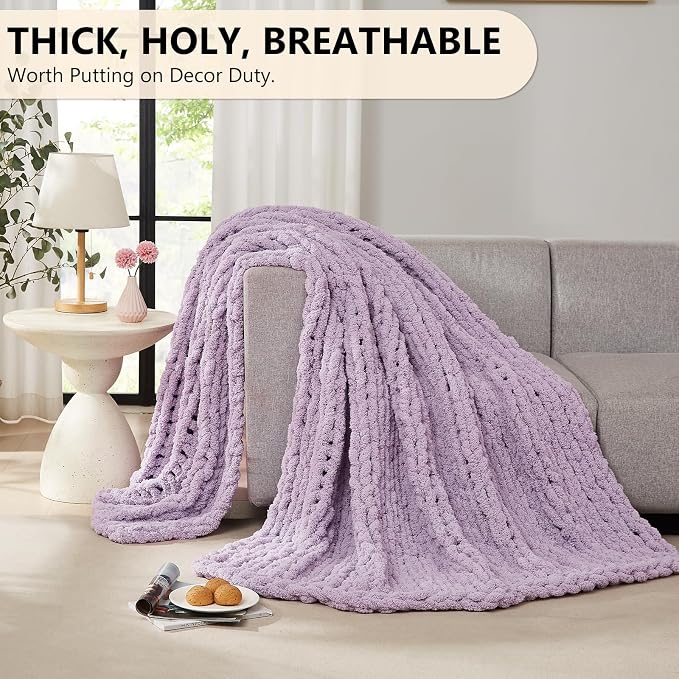 L'AGRATY Chunky Knit Throw Blanket for Couch, 72'' x 84'' Knit Throw, Purple