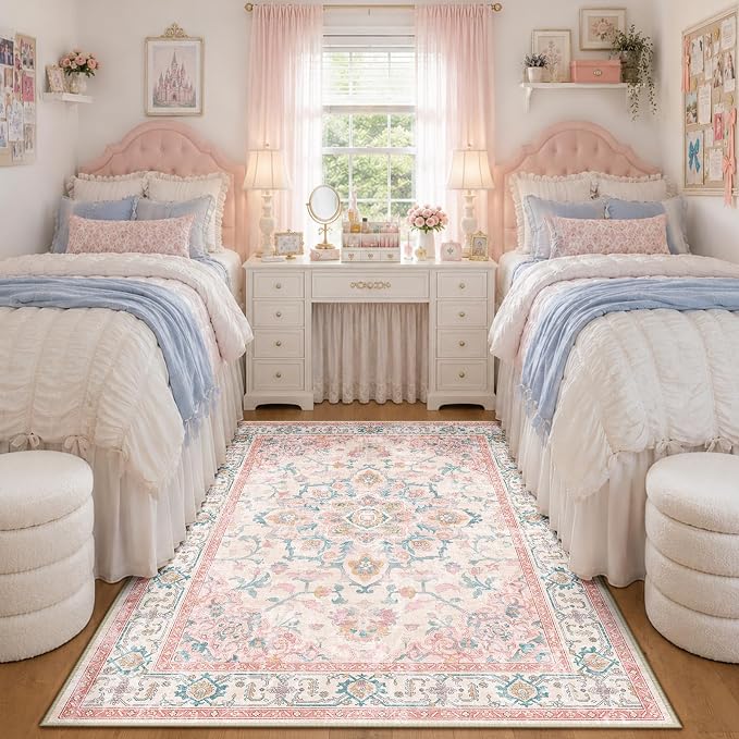 CAPALOCA 4x6 Washable Nursery Girls Low Pile Area Rug Pink Teal | Non-Slip Soft Rugs for Bedroom Kids Playroom Living Room, Print Pattern Water Repellent Carpet Indoor Decor