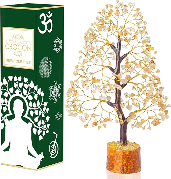 Crocon Citrine Gemstone Tree Feng Shui Figurine Money Bonsai Chakra Balancing Good Luck Prosperity Reiki Healing Crystals Decoration Ornament Sculpture Table Decor Gift Size 10-12"""