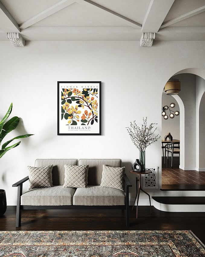 Thailand, Cassia Fistula Linn Art Print Poster, Flower Market Wall Art, Floral Artwork Decor for Bedroom, Kitchen, Bathroom, Livingroom Decoration 52 (Thailand, Cassia Fistula Linn, 24"L x 18"W, Black Frame)