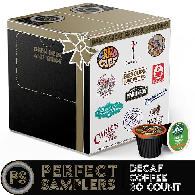 Crazy Cups Flavored Decaf Coffee Pods Variety Pack Sampler, Assorted Single Serve Decaffeinated Coffee Capsules for Keurig K Cups Brewers, 30 Flavored Decaf Coffees - No Duplicates