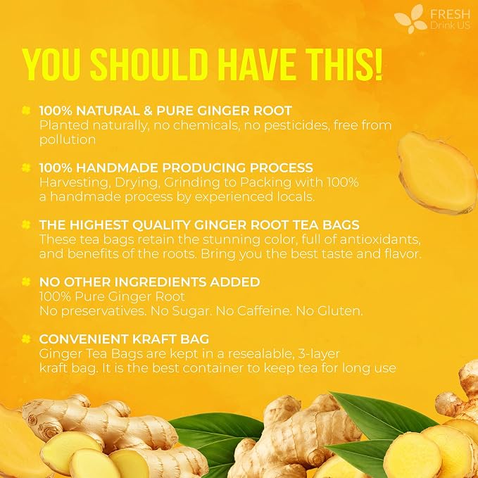 75 Ginger Tea Bags, 100% Natural & Pure from Ginger. Ginger Herbal Tea. Ginger Root Tea. No Sugar, No Caffeine, No Gluten, Vegan.