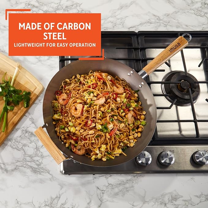 IMUSA 14 Inch Carbon Steel Wok with Wood Handles for Noodles | Natural Nonstick Surface, Cool Touch and Helper Handles, Lightweight Flat Base, Ideal for Stir-Frying and Asian Dishes