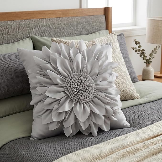 Grey Accent 3D Flower Decorative Throw Pillow Covers for Bed Sofa Couch | Bella's Giftshop Handmade Sunflower Taffeta Pillow Cases Living Room Bedroom Decor, 18x18 Inch