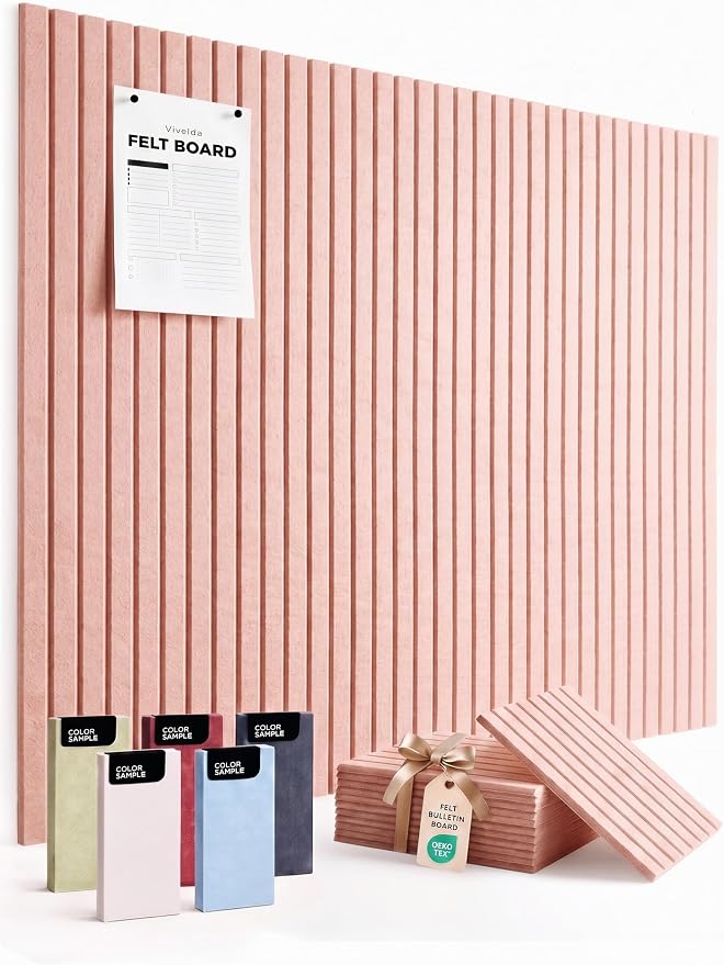 Felt Bulletin Board Tiles 48"x36" - 12-Pack Cork Board Alternative, Oeko-TEX Certified, NRC 0.95 Acoustic Wall Panels, Damage-Free Adhesive, Slatted Design, Home Office & Classroom (Salmon)