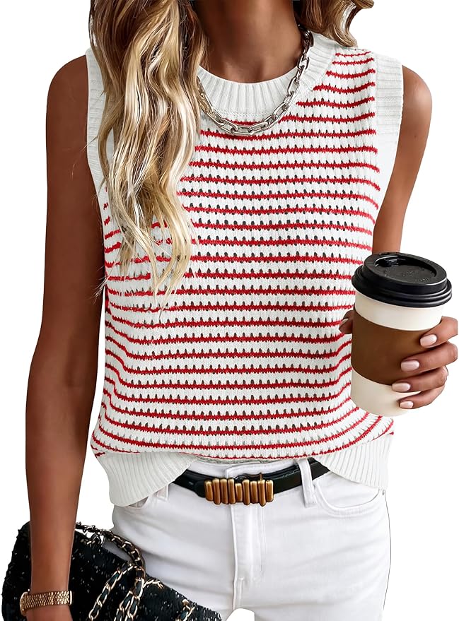 ANRABESS Womens Sleeveless Sweater Vest Striped Tank Tops | Crochet Knit Crew Neck, Lightweight Soft Comfy, Vacation Travel Work Casual Outfits, Sping Summer Layering Clothes