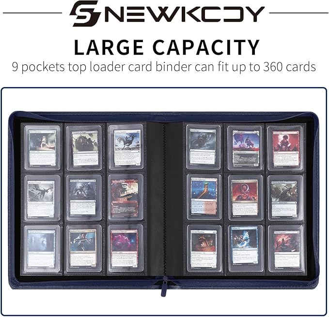 Snekdy Top loader Binder, 9 Pockets Top Loader，Holds 360 Top Loaders cards, Card binder with Sleeves for card in 3 x 4 inches color smooth Zipper PU Leather (Blue)