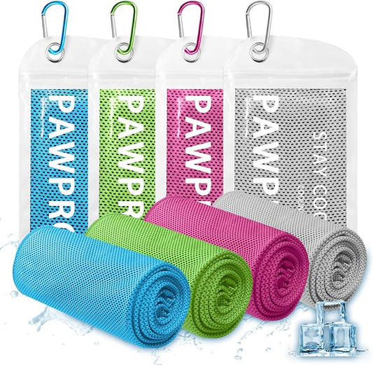 PAWPRO 4 Packs Cooling Towels for Neck and Face(40"x12"), Soft Breathable Cooling Towel with Waterproof Bag & Carabiner,Microfiber Cooling Rags for Yoga, Sport,Gym,Camping (Multicolor-2)
