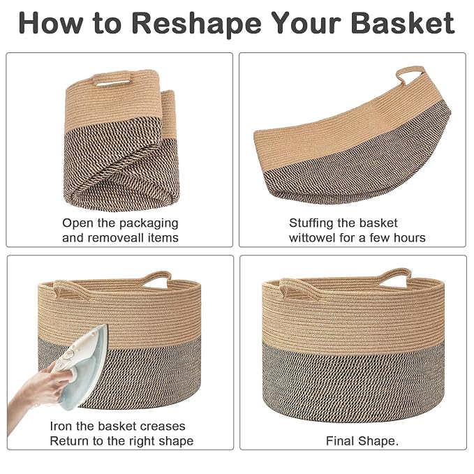 65L Large Blanket Basket, Cotton Rope Woven Laundry Basket-Yellow | Collapsible, reinforced handles, nursery storage bin organizes clothes, toys and pillows for living room, bedroom bathroom