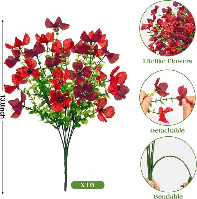 16 Pcs Artificial Flowers for Outdoors Decorations, Red Mixed | Realistic, silk flowers, faux plastic plants, UV resistant, for summer garden porch window vase indoor outdoor home decor