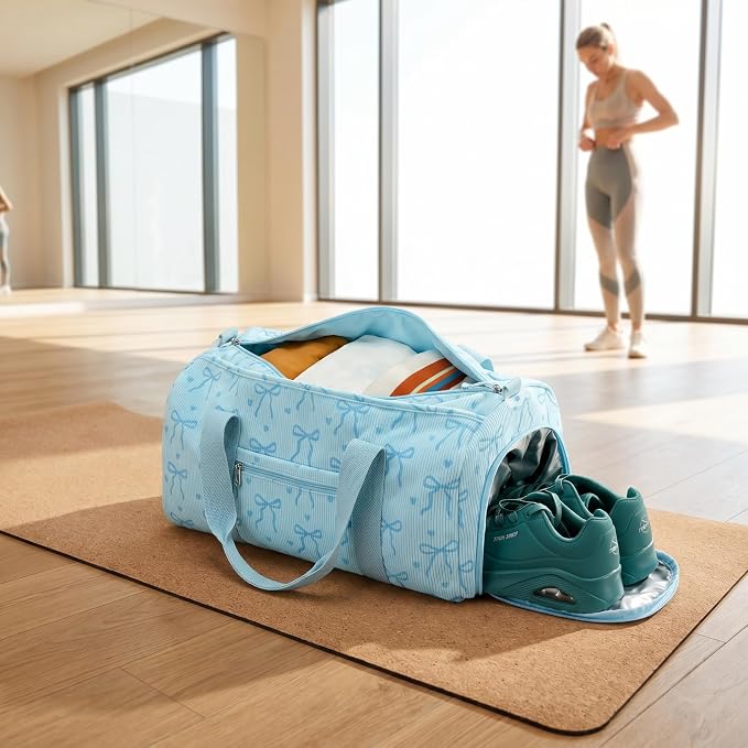 Gym Bag Sports Duffle Bag with Wet Pocket Weekender Overnight Bags with Waterproof Shoe Pouch and Air Hole for Girls Kids Women Workout Travel Bags (Bow Tie Blue)