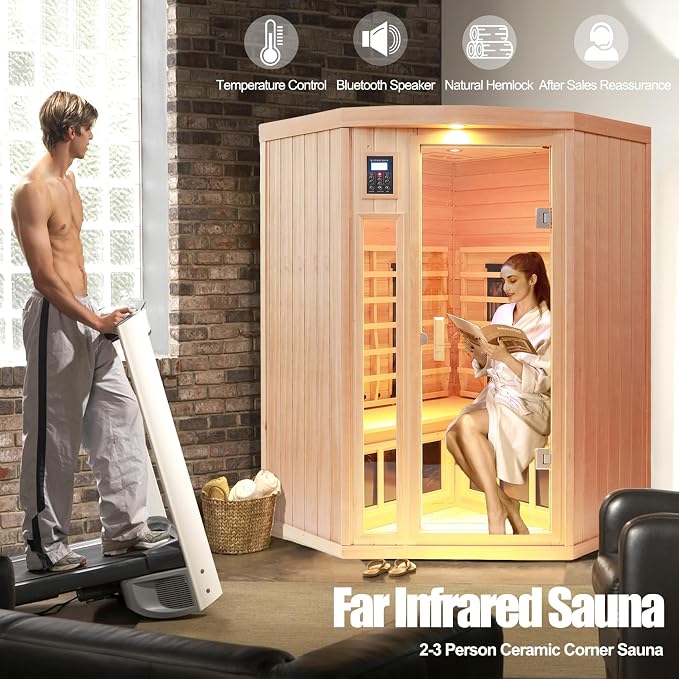 Ceramic Infrared Sauna 2-3 Person Infrared Saunas for Home Low EMF Indoor Home Sauna Spa Hemlock Wooden Corner Sauna Room with Bluetooth Speakers, LED Reading Lamps, Chromotherapy Lights