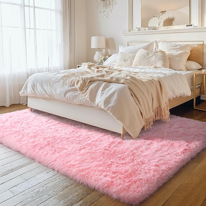 KICHOWUA 5x8 Thick Pink Fluffy Shag Rug for Girls Bedroom, Plush Washable | Area Rug for Living Room, Kids Nursery, Dorm Room, Thick Shaggy Carpet