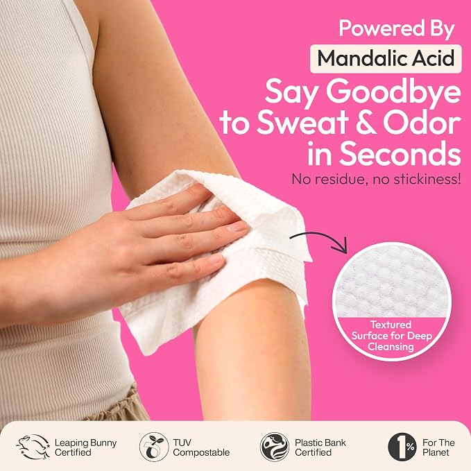 FOMIN Acidified Travel Deodorant Wipes For Women & Men - 15 Count - Patchouli Blossom - pH Balanced, Mini Deodorant Travel Size Wipes - Plastic-Free, Individually Wrapped Underarm Body Wipe