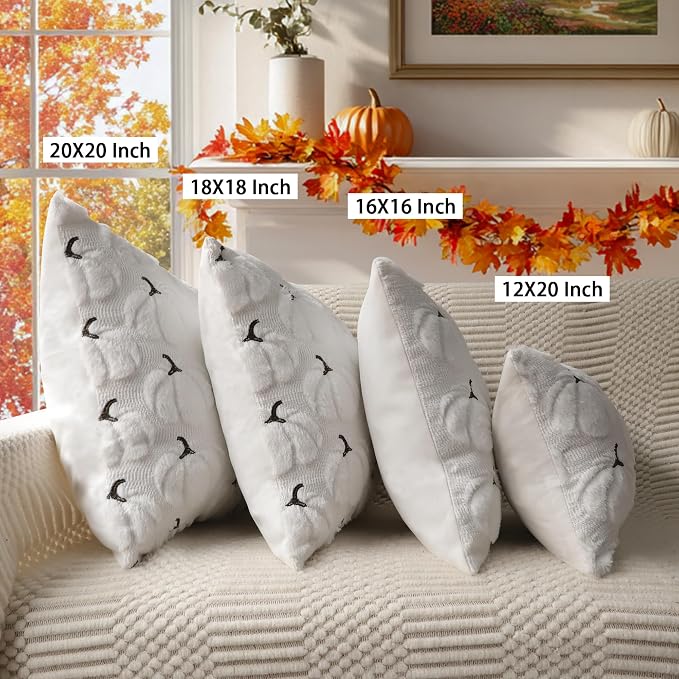 Fall Pumpkins Decorative Pillow Covers 18x18 Set of 2, White Soft Plush Faux Fur Wool Farmhouse Throw Cushion Cases for Autumn Thanksgiving Holiday Home Decorations