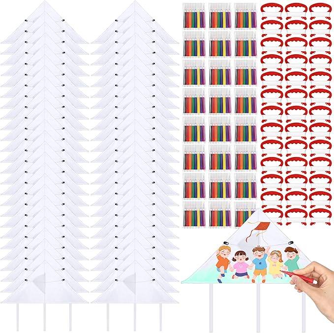 Syhood 50 Pcs DIY Kites for Kids Making Kit 20 Inch Summer Decorating Coloring Kites with Watercolor Pens and String Making Craft Kits for Outdoor Game and Activities