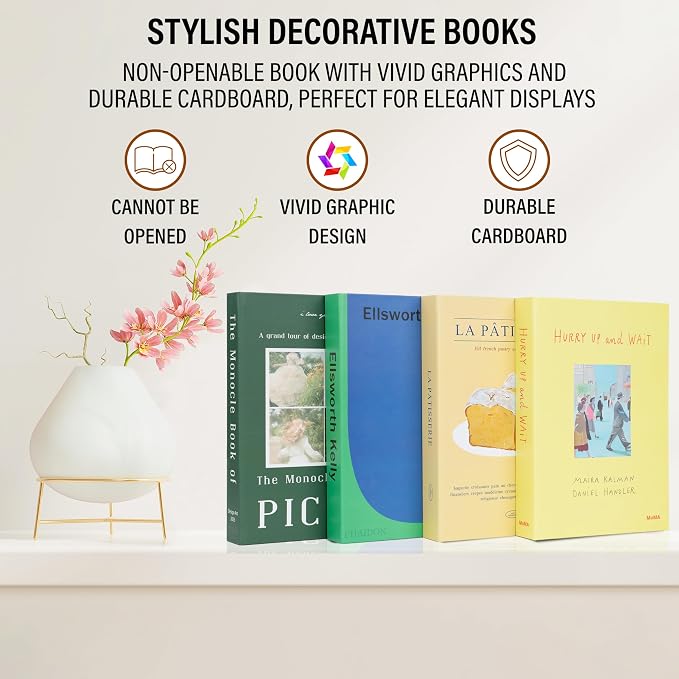 4 Pcs Decorative Books | Faux Neutral Coffee Table & Shelf Decor | Warm Organic Look for Living Room, Office and Entryway - Not Real, Tool-Free 2-Min Setup