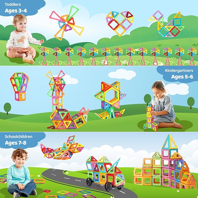 Crenova Magnetic Tiles with 2 Car Wheel Sets for Ages 3+ Boys & Girls, 60-Piece STEM Educational Toy, for Birthday Christmas