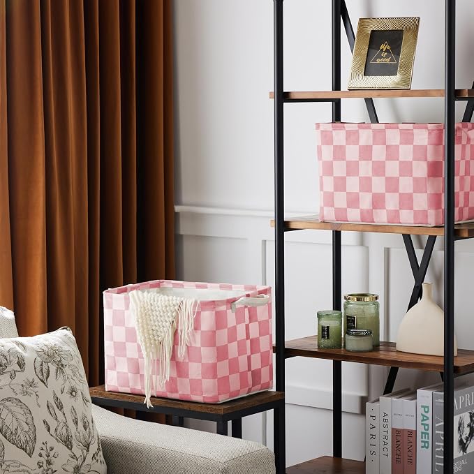 Ohocut Pink Coral Checkered Canvas Basket, Rectangular Organizing Decorative Storage Basket for Kids Dog Toy, Cute Aesthetic Race Cars Boy Room Decor for Home, Kitchen, Bedroom, Classroom, Shelves