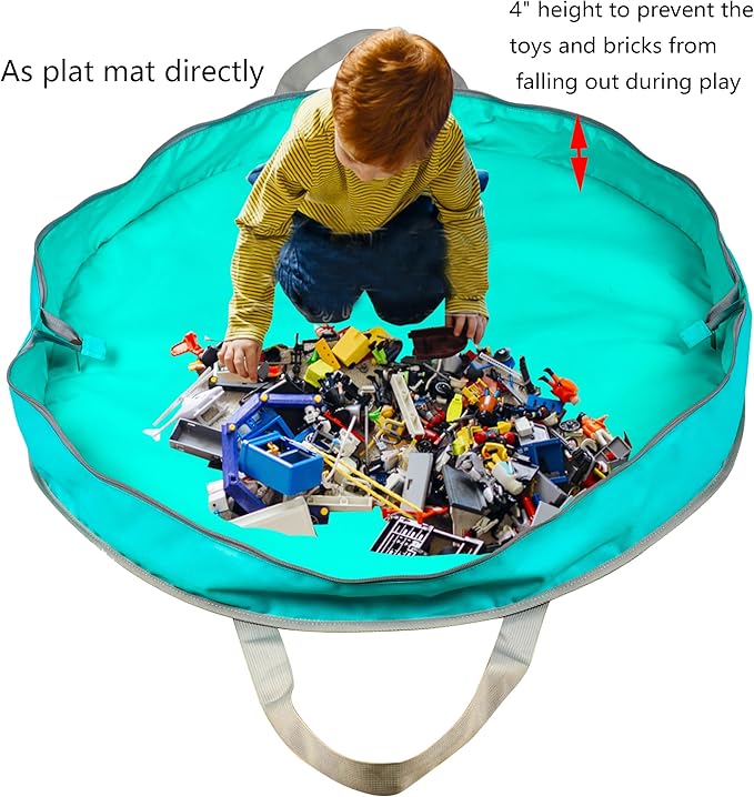 Kids Toy Storage Organizer Play Mat Bag for Lego Large Zippered Baby Tidy Toy Storage Portable Fold Up Neat Easy Clean Up Container Bag for Children home and travel (Blue)