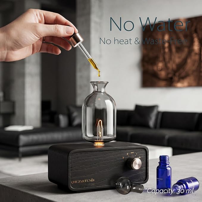 NUIT Waterless Essential Oil Diffuser with Real Wood Base for Aromatherapy, Retro Smoky Glass Oil Diffuser, Cordless Portable Scent Diffuser Machine for Office, Reading Corner, 2026 Model