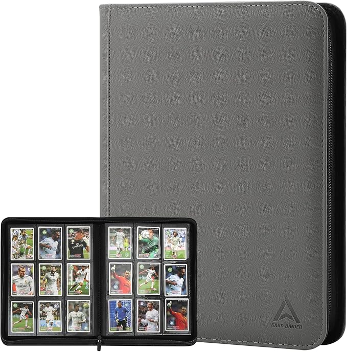 Arkeiliy Card Binder 9 Pocket, Double Sided Pockets Trading Card Binder with 30 Sleeves, Premium Zip Trading Card Holder Collector Album Holds 540 MTG (grey)