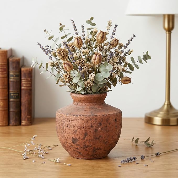 Terracotta Vase, 6 Inch Brown Ceramic Flower Vase for Home Decor Rustic Pottery Vase for Living Room Farmhouse Decor Entryway Fireplace Kitchen Dining Table Centerpiece