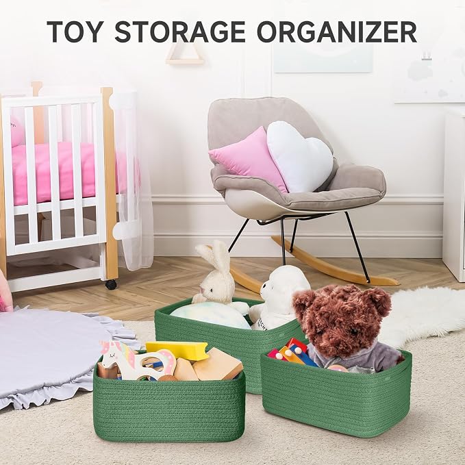 3 Pack Small Storage Baskets for Organizing, 11.8×7.8×5.1", Green | Woven Baskets for shelves, Cotton Rope Basket for Gifts Empty, Closet Organizer Bins with Handles, Cube Decorative Box
