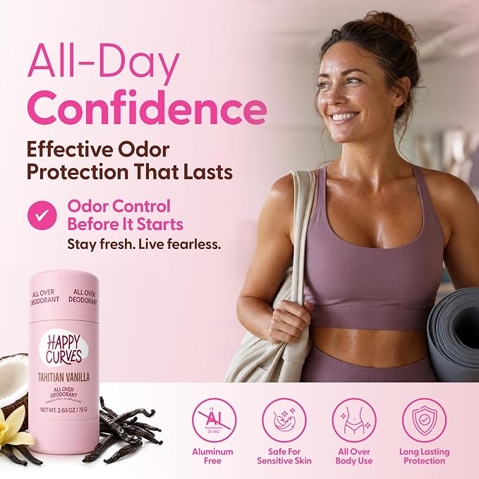 HAPPY CURVES All Over Whole Body Deodorant for Women - Aluminum-Free - Invisible All Day Layer of Full Body Protection for Long Lasting Odor Control, Sensitive Skin, & Private Parts - Tahitian Vanilla