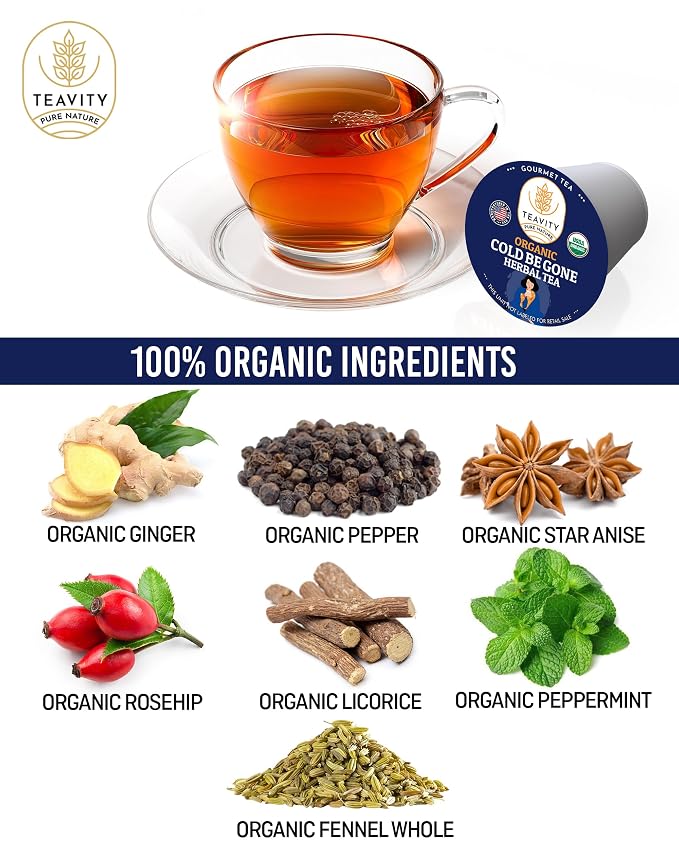Organic Rooibos Tea Pods for Keurig with Lemon, Mint, Licorice - Unsweetened Decaf Tea for K Cup Brewing - Cold- Be-Gone by Teavity (36 Tea Pods)