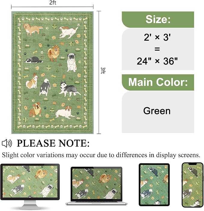DUKINO 2x3 Bathroom Rugs, Washable Dog Kitchen Rug Non Slip, Green | Low Pile, Stain Resistant Soft Indoor Door Mat, Small Front Door Animal Throw Carpet for Entryway Bedroom Farmhouse Kids Room