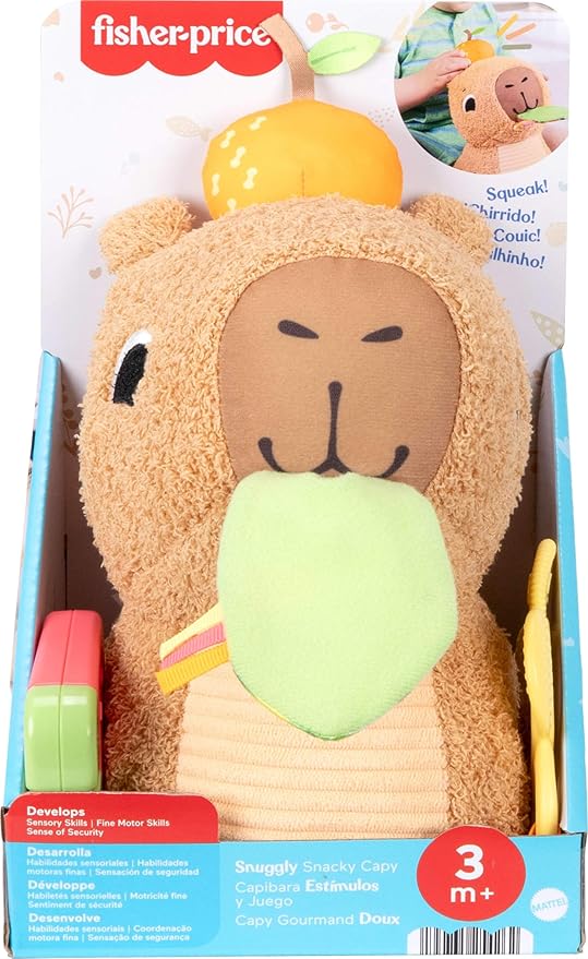 Fisher-Price Baby Sensory Toy Snuggly Snacky Capybara Plush with Newborn Teether & Rattle Activities for Infants Ages 3+ Months