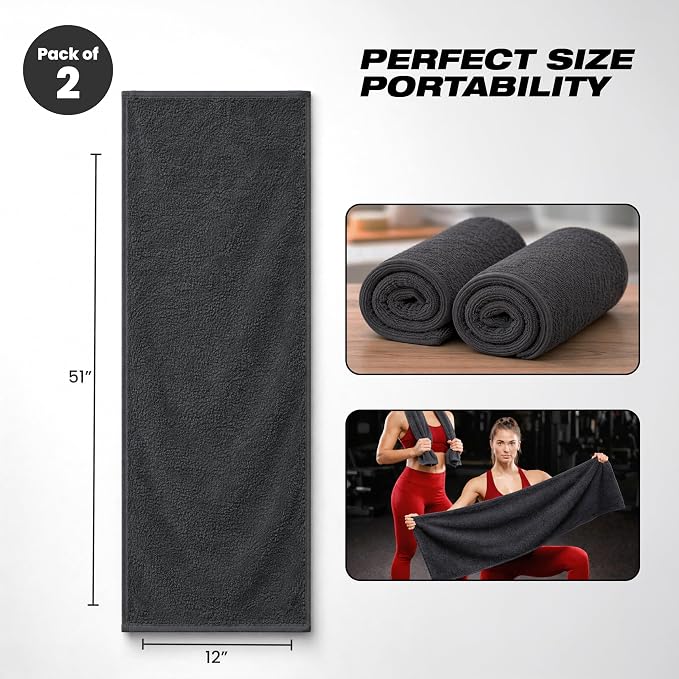 Sports Towel - Double Pack (2 Pieces), 12"x51", Dark Gray, 100% Cotton - Oeko-Tex Certified, Very Absorbent and Quick-Drying, for Fitness, Gym and Yoga